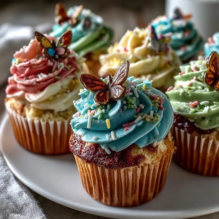 Bright and cheerful spring cupcakes with swirled pastel buttercream and whimsical butterfly decorations, ideal for garden parties and seasonal celebrations.