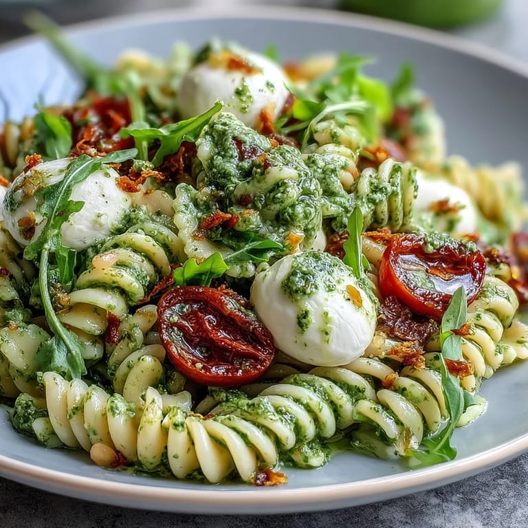 Refreshing cold pasta salad with homemade pesto, sweet cherry tomatoes, and soft mozzarella—ideal for picnics and BBQs.