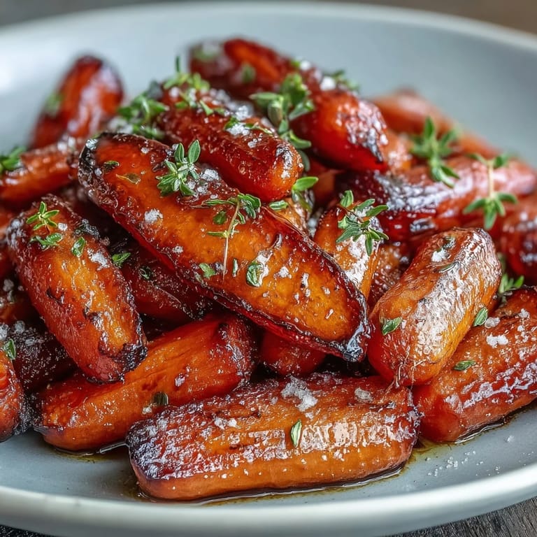 Golden honey-glazed carrots roasted until tender, with a hint of lemon and fragrant thyme—an elegant addition to any holiday table.