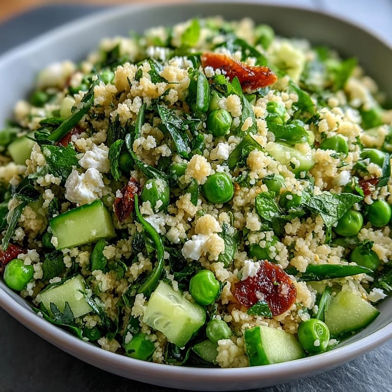 Fluffy couscous tossed with bright green peas, mint, and zesty lemon dressing in a Mediterranean salad.  