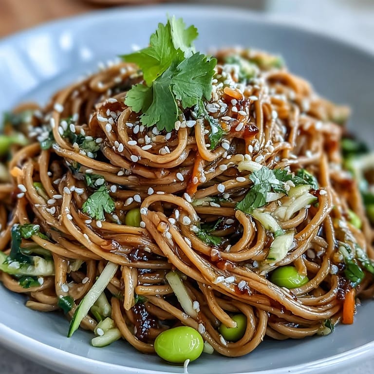 A colorful Asian-inspired sesame ginger noodle bowl featuring cold soba noodles, crisp vegetables, and a creamy sesame dressing, served chilled.  