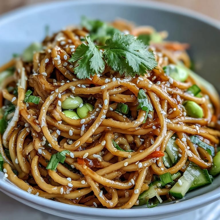 Fresh sesame ginger noodle bowl with julienned cucumber, edamame, and green onions, tossed in a flavorful dressing for a light, satisfying lunch.