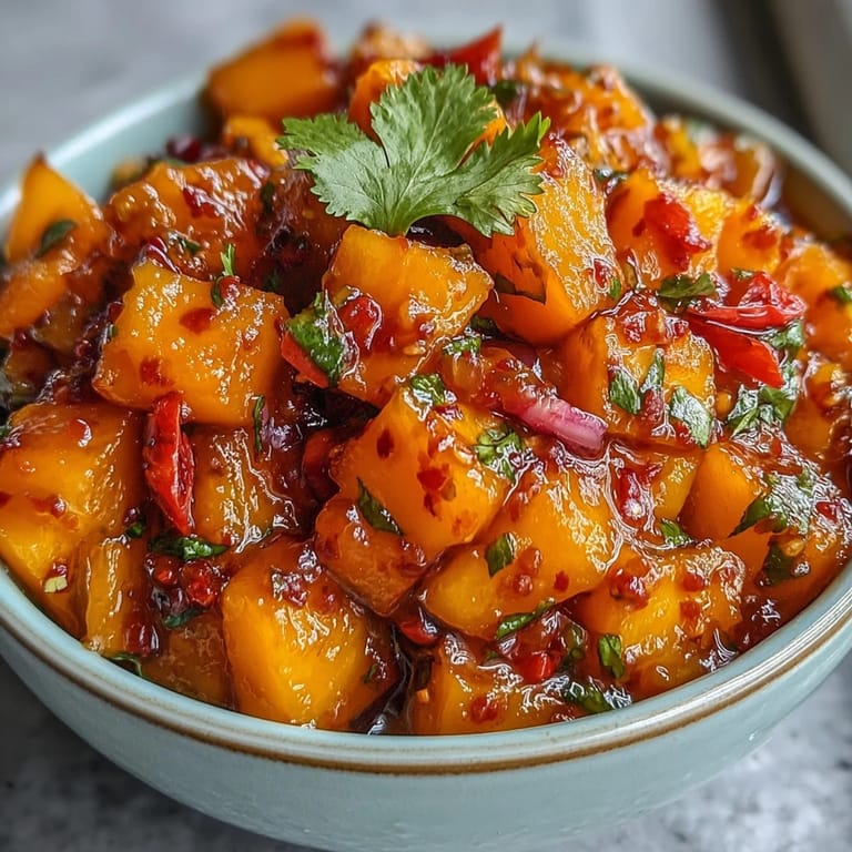 Sweet and spicy mango habanero salsa with diced red onion, habanero, and lime juice, served fresh with crispy tortilla chips.