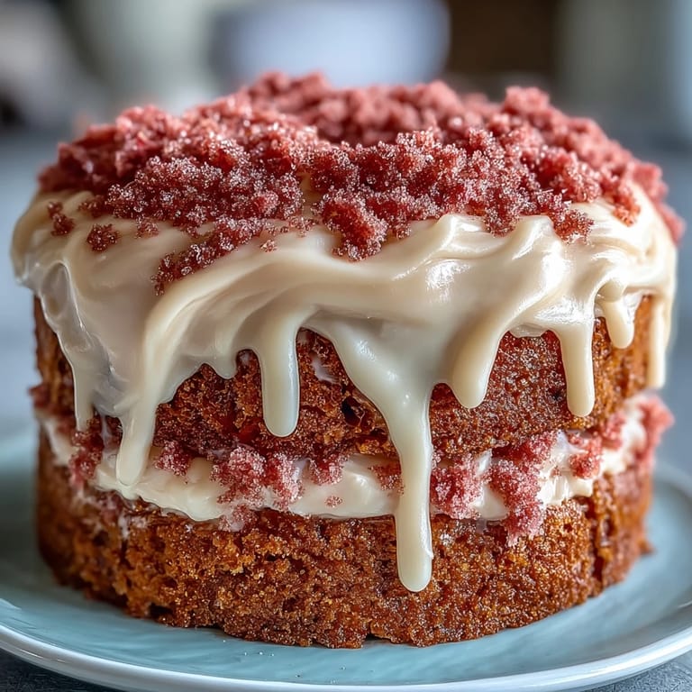 Moist Rosé Velvet Cake with luscious cream cheese frosting, draped in gold.