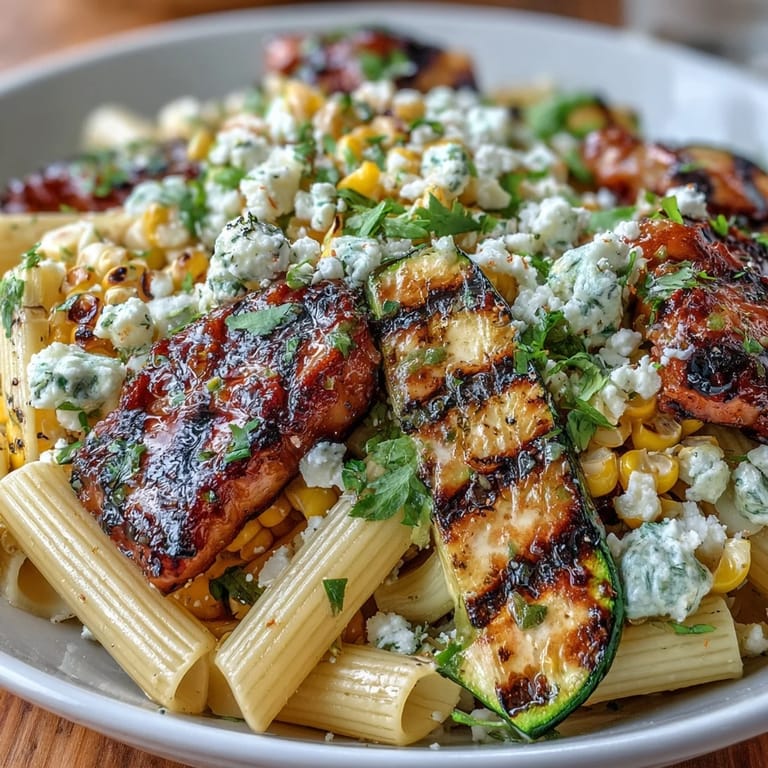 Fresh summer pasta salad featuring grilled zucchini, corn, and lime dressing.