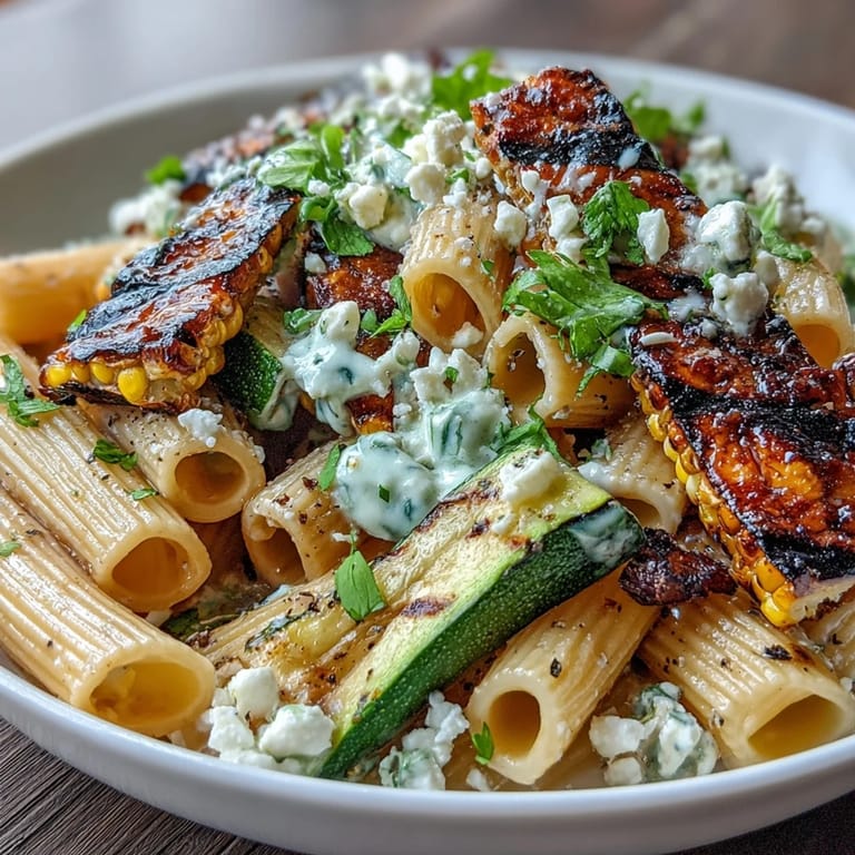 Smoky zucchini and sweet corn pasta salad with tangy Cotija cheese.