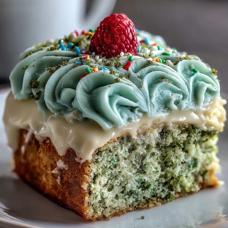 Fluffy matcha cake layers are filled and topped with creamy vanilla frosting.