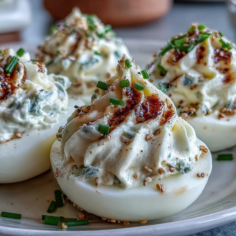 Deviled eggs with everything bagel seasoning, a popular appetizer for gatherings.