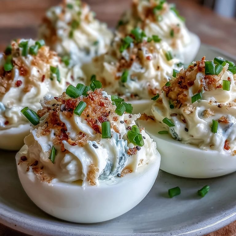 Savory deviled eggs topped with everything bagel seasoning, ready to serve.