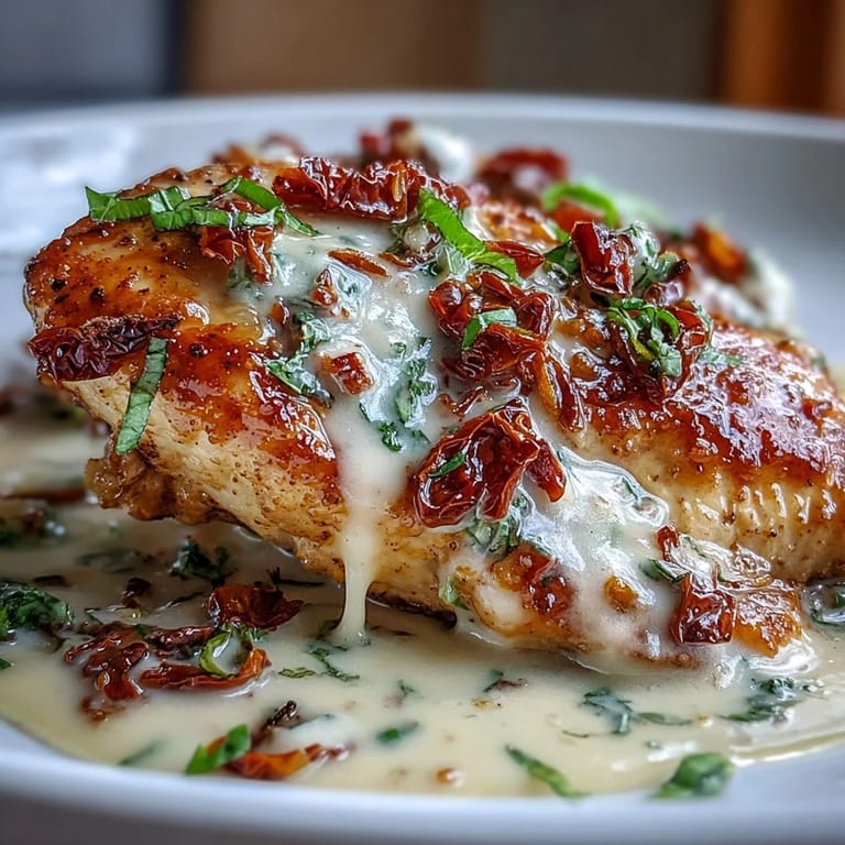 Irresistible Marry Me Chicken featuring tender seared breasts in a luscious herb-infused cream sauce, topped with fresh basil.