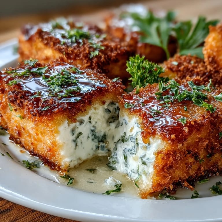 Warm, creamy feta cheese coated in seasoned breadcrumbs, baked until crispy and topped with fresh herbs and honey.