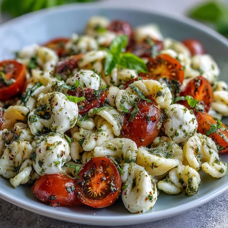 Italian-inspired Caprese Pasta Salad perfect for summer, packed with pesto.