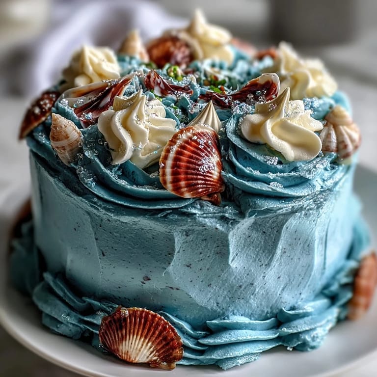 Beautifully decorated Cancer Zodiac Cake showcasing edible sea shells and vibrant blue frosting.