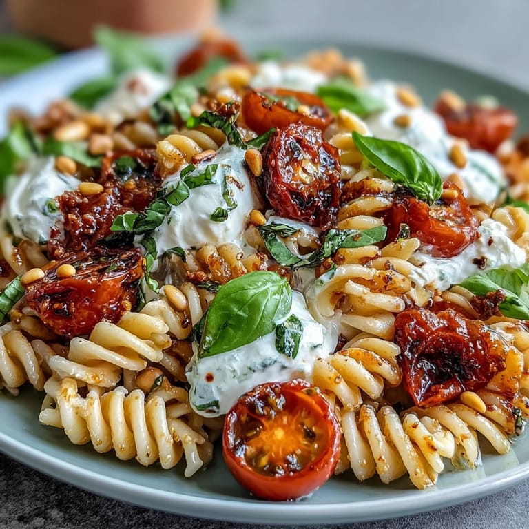 A vibrant Summer Caprese Pasta dish topped with melting burrata and basil.