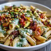 Whole Wheat Pasta Bowl with roasted vegetables tossed in a creamy, protein-packed sauce
