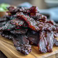 Perfectly dried Black Currant Smoky Jerky rests on a wooden cutting board next to a bowl of fresh black currants.