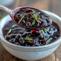 A simmering saucepan of Black Currant and Rosemary Reduction, displaying a deep purple hue and aromatic steam rising.