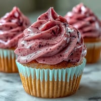 Swirled Black Currant Frosting on cupcakes, garnished with fresh berries and a lemon zest sprinkle.