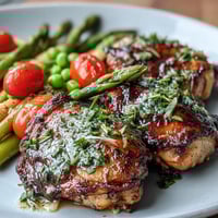 A colorful sheet pan meal with juicy chicken breasts and vibrant spring vegetables roasted to perfection.  