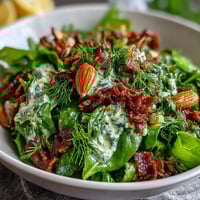 Vibrant Spring Green Salad with Honey Mustard and Almonds, featuring crisp greens, snap peas, and crunchy toasted almonds in a tangy dressing.