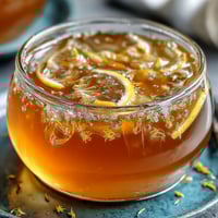 Dandelion jelly with fresh lemon and honey in a glass jar, showcasing its bright golden color and delicate floral aroma.
