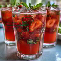 Refreshing strawberry basil lemonade mocktail pitcher with juicy strawberries, fresh basil, and zesty lemon slices over ice.