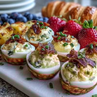 Easter Brunch Board with Deviled Eggs, Fruit, and Pastries - A colorful spread of deviled eggs garnished with paprika, seasonal fruits, and assorted pastries arranged for a festive spring gathering.