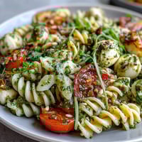 A colorful summer pasta salad with pesto, cherry tomatoes, and mozzarella balls tossed with arugula.