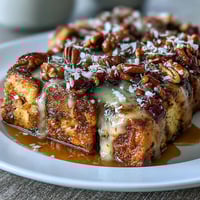 1. Traditional Mexican capirotada with toasted bread, piloncillo syrup, nuts, and cheese, baked until golden and bubbling.  