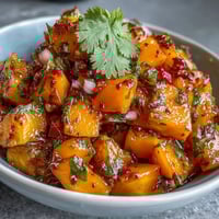 Fresh mango habanero salsa with juicy diced mango, spicy habanero, and zesty lime, perfect for dipping tortilla chips.  