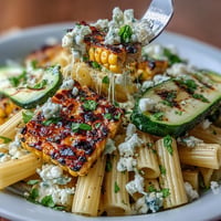 Vibrant pasta salad with grilled zucchini, corn,Cotija, perfect summer side.