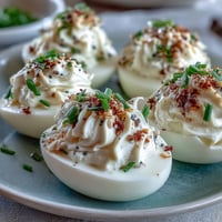 Everything bagel deviled eggs with creamy filling, sprinkled generously with seeds.