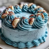 Ocean blue Cancer Zodiac Cake adorned with shimmering edible shells atop swirls.